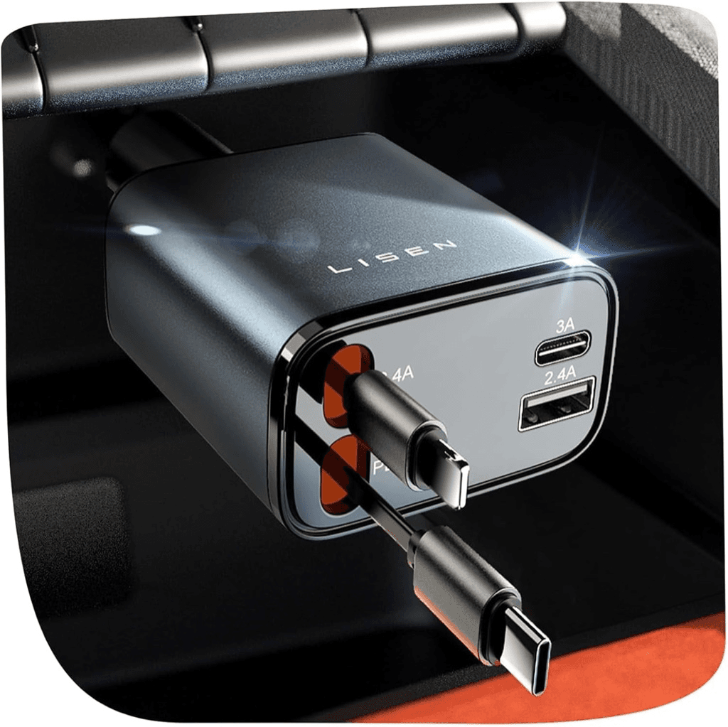 LISEN 84W retractable car charger with built-in cables